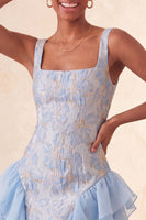 Laden Sie das Bild in den Galerie-Viewer, Champagner-Jacquard-Eckhals Spitzen-Rücken, enges Homecoming-Kleid mit Rüschen