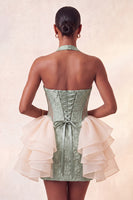 Laden Sie das Bild in den Galerie-Viewer, Hellrosa Neckholder-Halsausschnitt, geblümter Spitzen-Rücken-Rücken-Bodycon-Homecoming-Kleid mit Rüschen