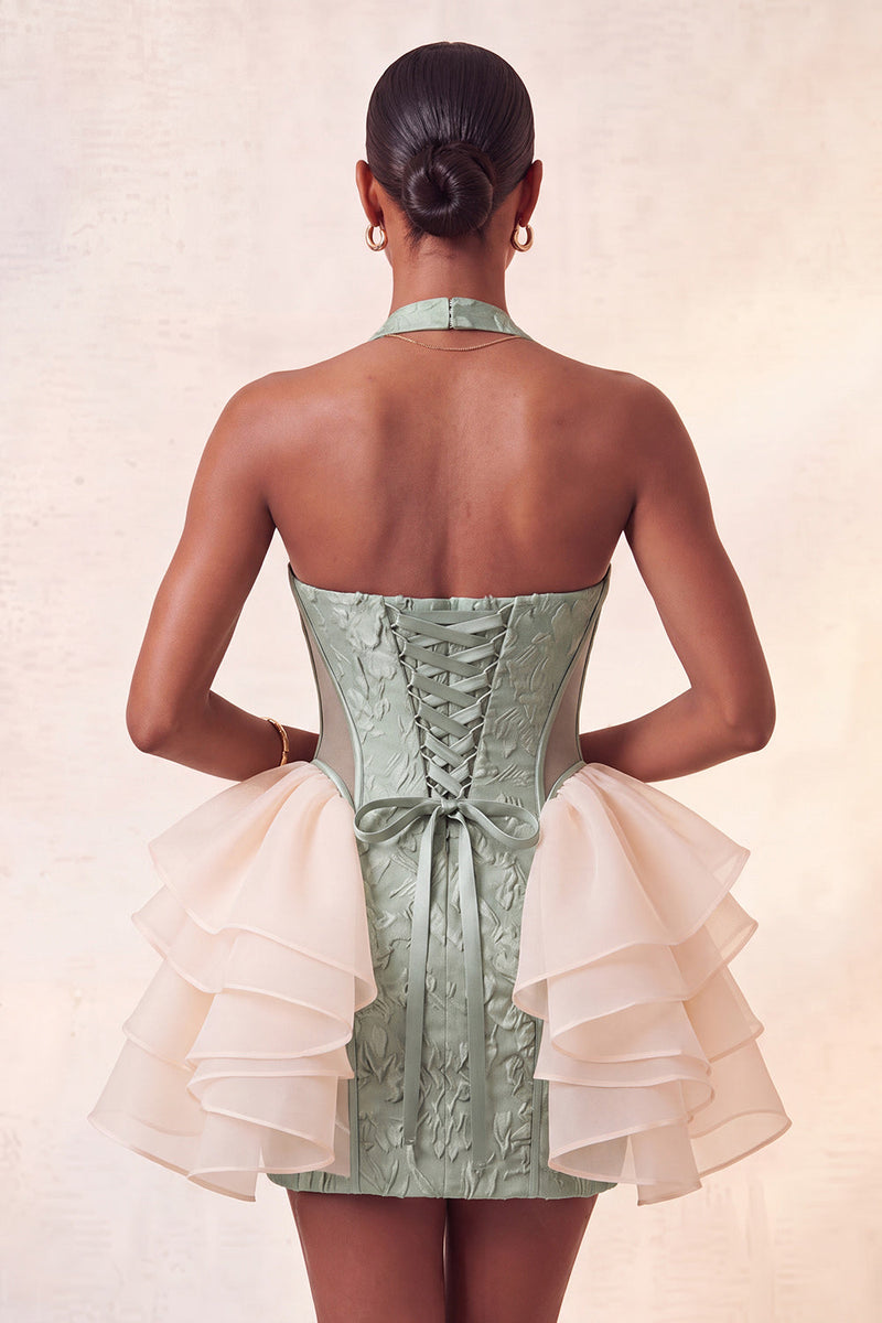 Laden Sie das Bild in den Galerie-Viewer, Hellrosa Neckholder-Halsausschnitt, geblümter Spitzen-Rücken-Rücken-Bodycon-Homecoming-Kleid mit Rüschen