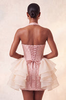 Laden Sie das Bild in den Galerie-Viewer, Hellrosa Neckholder-Halsausschnitt, geblümter Spitzen-Rücken-Rücken-Bodycon-Homecoming-Kleid mit Rüschen