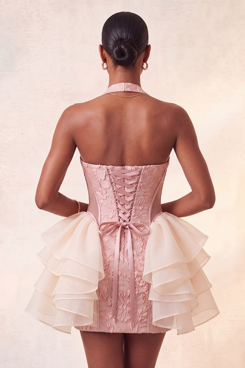 Laden Sie das Bild in den Galerie-Viewer, Hellrosa Neckholder-Halsausschnitt, geblümter Spitzen-Rücken-Rücken-Bodycon-Homecoming-Kleid mit Rüschen