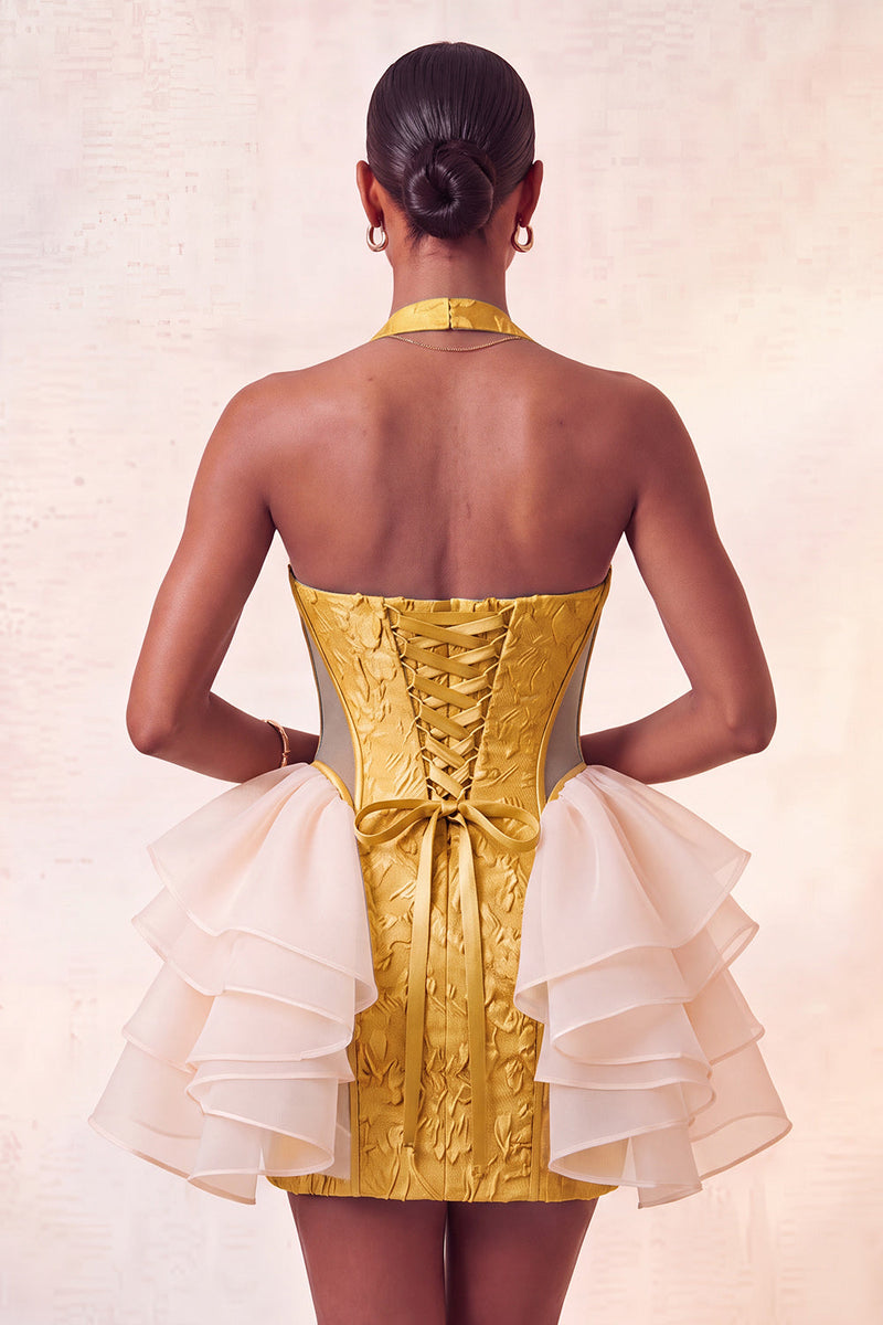 Laden Sie das Bild in den Galerie-Viewer, Hellrosa Neckholder-Halsausschnitt, geblümter Spitzen-Rücken-Rücken-Bodycon-Homecoming-Kleid mit Rüschen