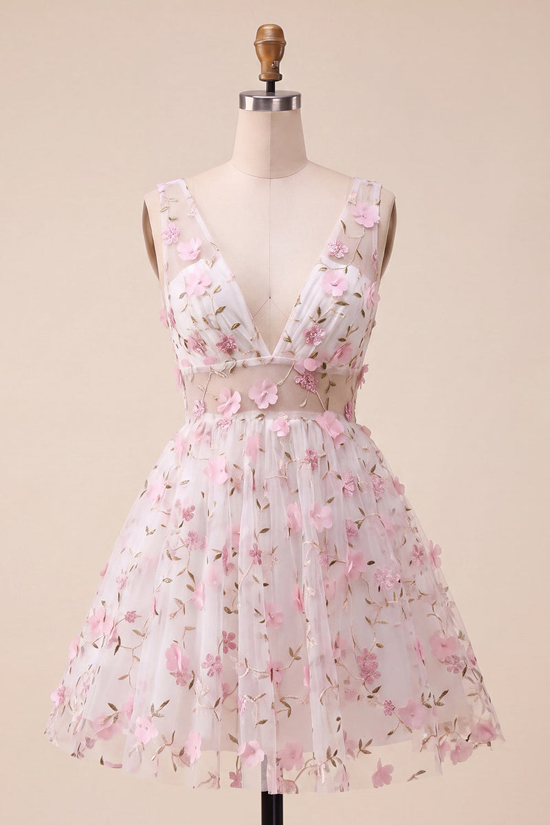 Laden Sie das Bild in den Galerie-Viewer, Blush-V-Ausschnitt Blumen-A-Line Homecoming-Kleid mit Schnürung hinten