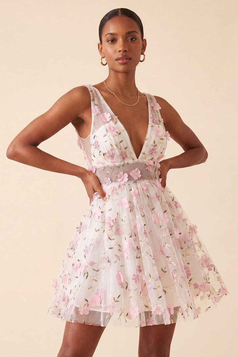 Laden Sie das Bild in den Galerie-Viewer, Blush-V-Ausschnitt Blumen-A-Line Homecoming-Kleid mit Schnürung hinten