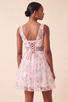 Laden Sie das Bild in den Galerie-Viewer, Blush-V-Ausschnitt Blumen-A-Line Homecoming-Kleid mit Schnürung hinten