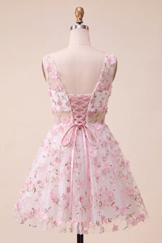 Blush V-Ausschnitt Blumen A-Linie Kurzes Abendkleid mit Schnürung