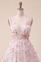 Laden Sie das Bild in den Galerie-Viewer, Blush-V-Ausschnitt Blumen-A-Line Homecoming-Kleid mit Schnürung hinten