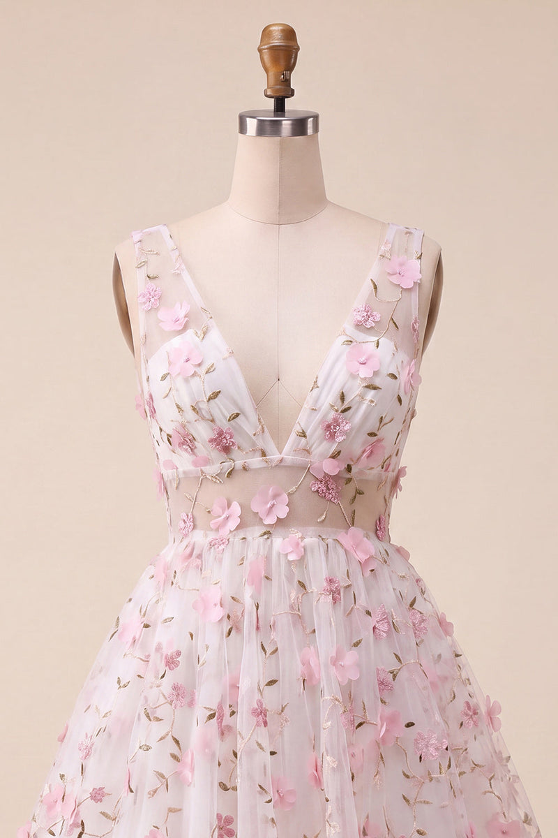 Laden Sie das Bild in den Galerie-Viewer, Blush-V-Ausschnitt Blumen-A-Line Homecoming-Kleid mit Schnürung hinten