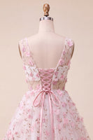 Laden Sie das Bild in den Galerie-Viewer, Blush-V-Ausschnitt Blumen-A-Line Homecoming-Kleid mit Schnürung hinten