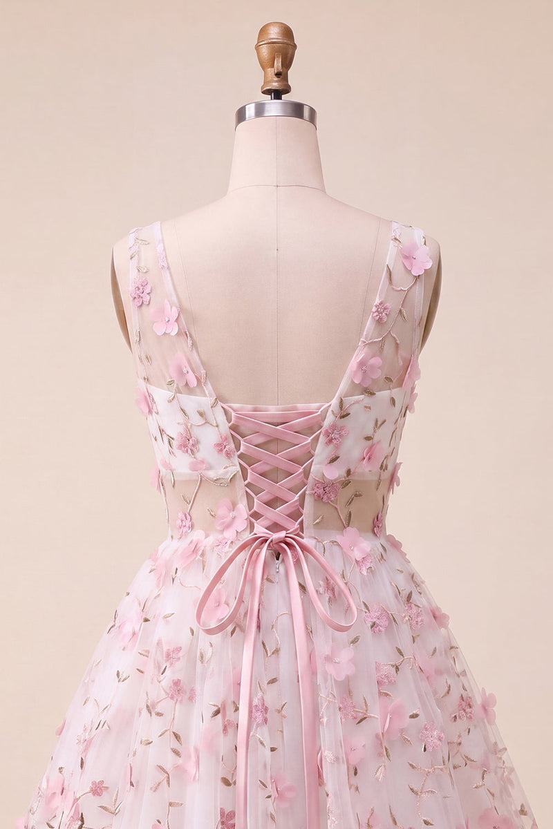 Laden Sie das Bild in den Galerie-Viewer, Blush-V-Ausschnitt Blumen-A-Line Homecoming-Kleid mit Schnürung hinten