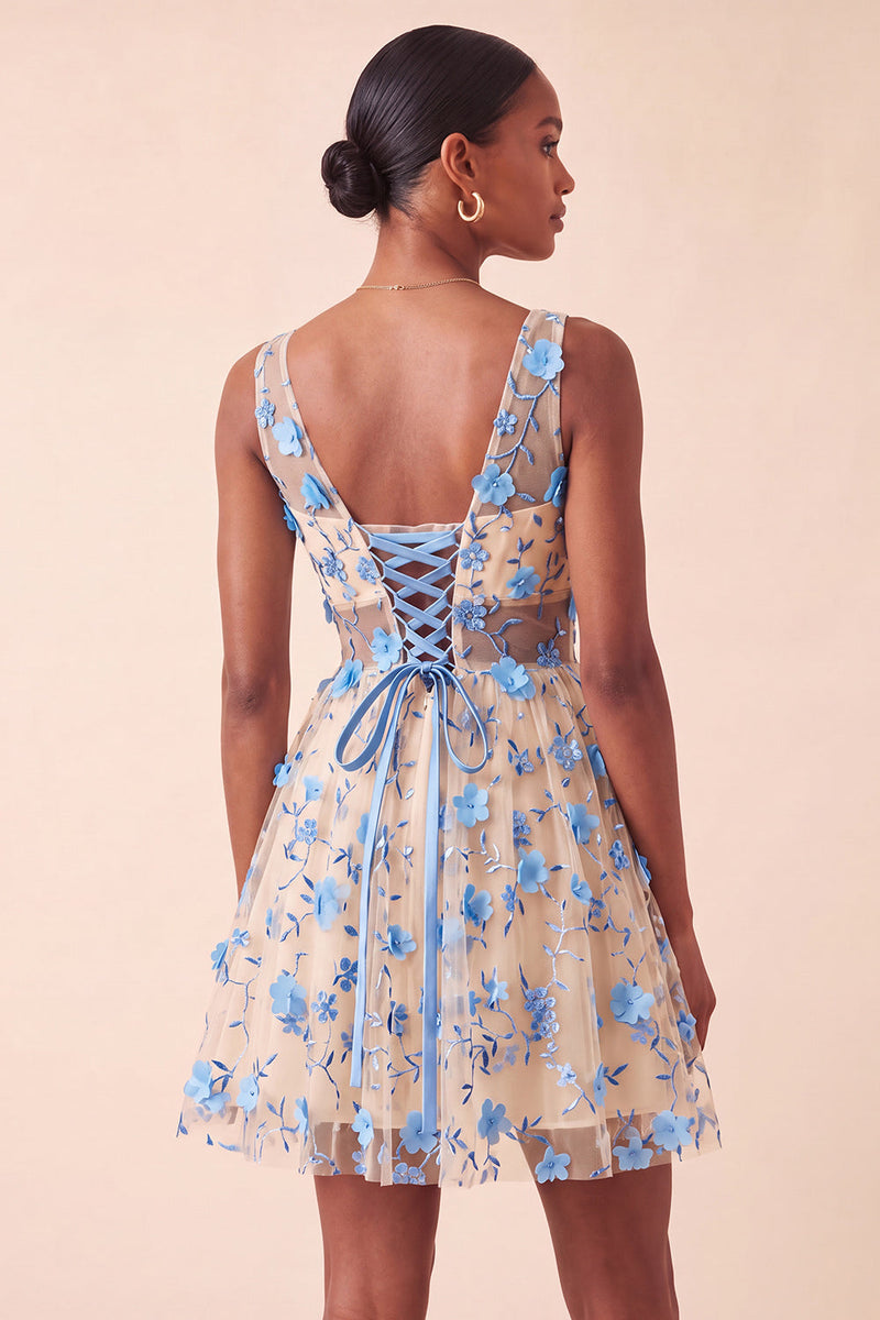 Laden Sie das Bild in den Galerie-Viewer, Blush-V-Ausschnitt Blumen-A-Line Homecoming-Kleid mit Schnürung hinten