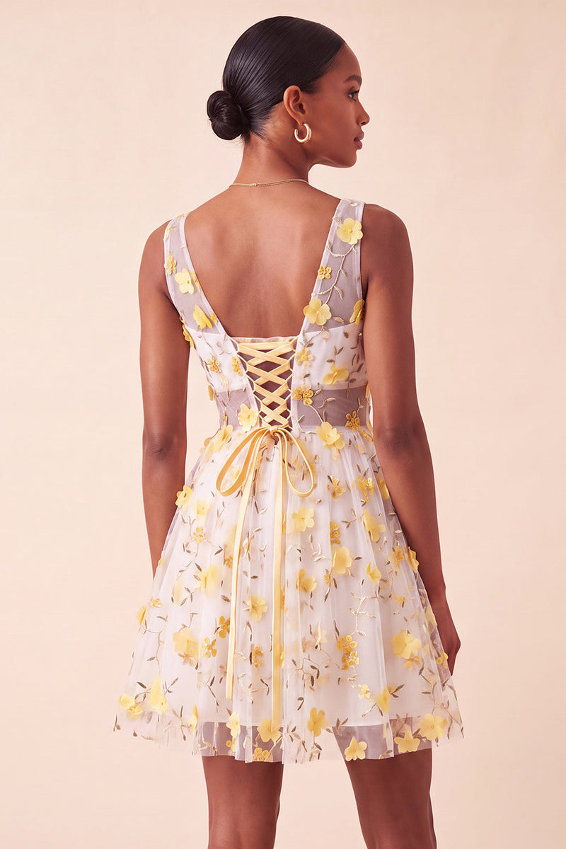 Laden Sie das Bild in den Galerie-Viewer, Blush-V-Ausschnitt Blumen-A-Line Homecoming-Kleid mit Schnürung hinten