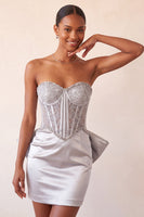 Laden Sie das Bild in den Galerie-Viewer, Silbernes Sweetheart-Korsett mit Schnürung hinten Bodycon Homecoming-Kleid mit Schleife