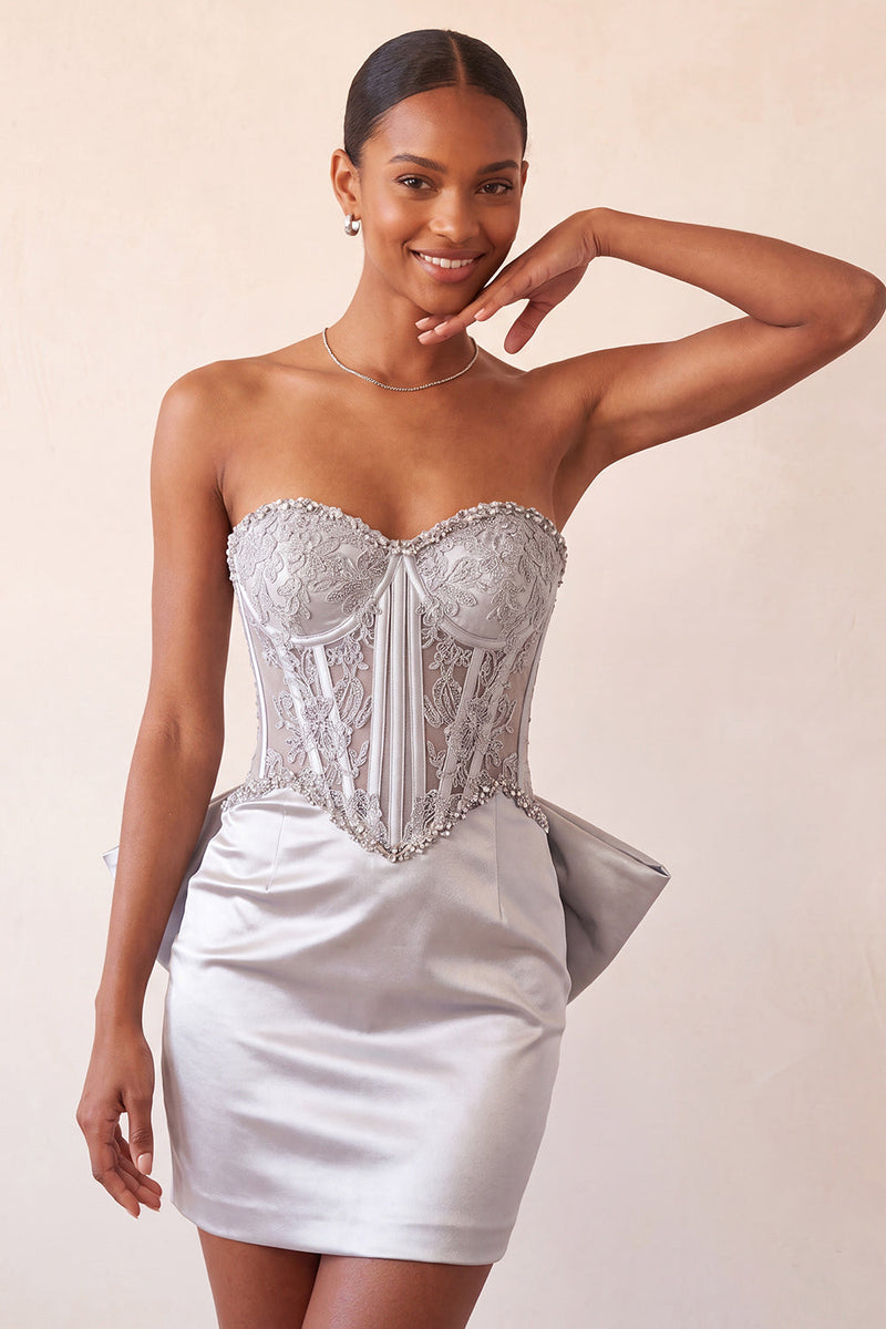 Laden Sie das Bild in den Galerie-Viewer, Silbernes Sweetheart-Korsett mit Schnürung hinten Bodycon Homecoming-Kleid mit Schleife