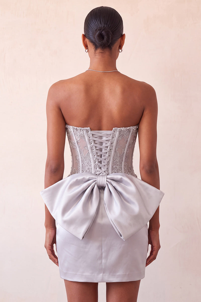 Laden Sie das Bild in den Galerie-Viewer, Silbernes Sweetheart-Korsett mit Schnürung hinten Bodycon Homecoming-Kleid mit Schleife