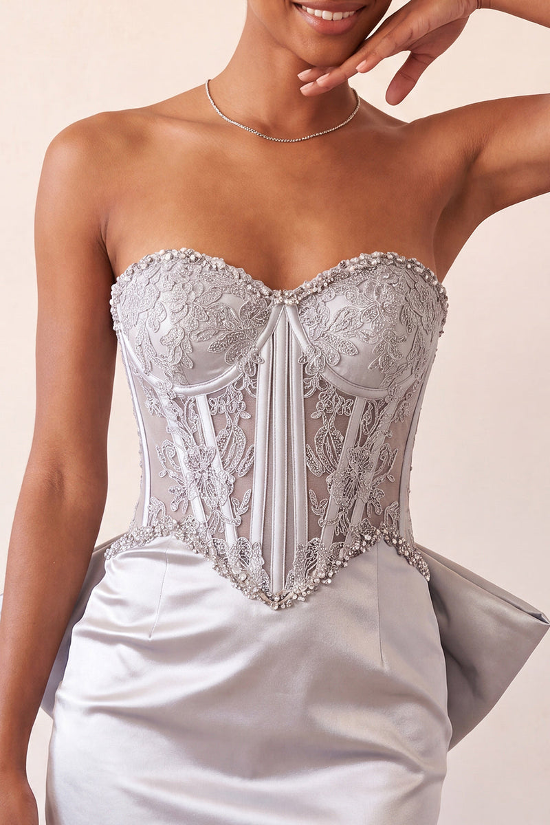 Laden Sie das Bild in den Galerie-Viewer, Silbernes Sweetheart-Korsett mit Schnürung hinten Bodycon Homecoming-Kleid mit Schleife