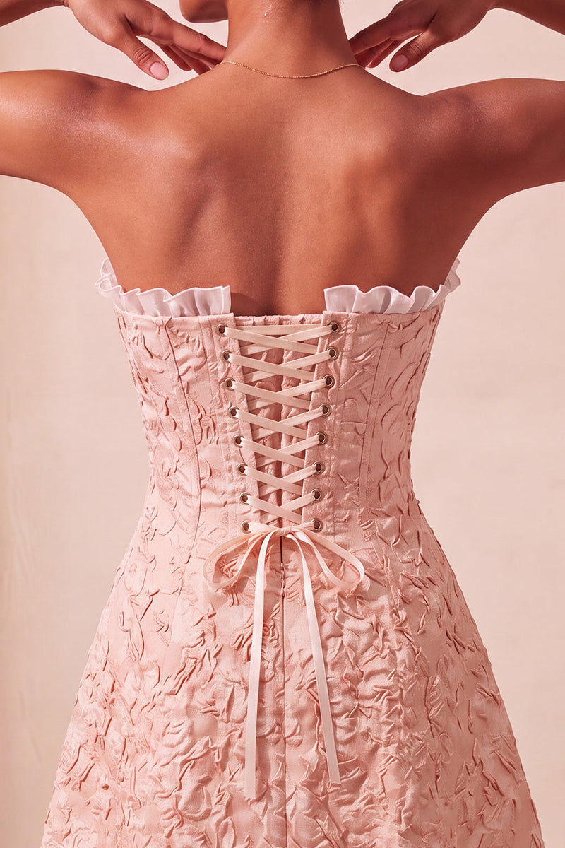 Laden Sie das Bild in den Galerie-Viewer, Sweetheart Yellow Jacquard A-Line Rüschen-Back-Homecoming-Kleid mit Schlitz