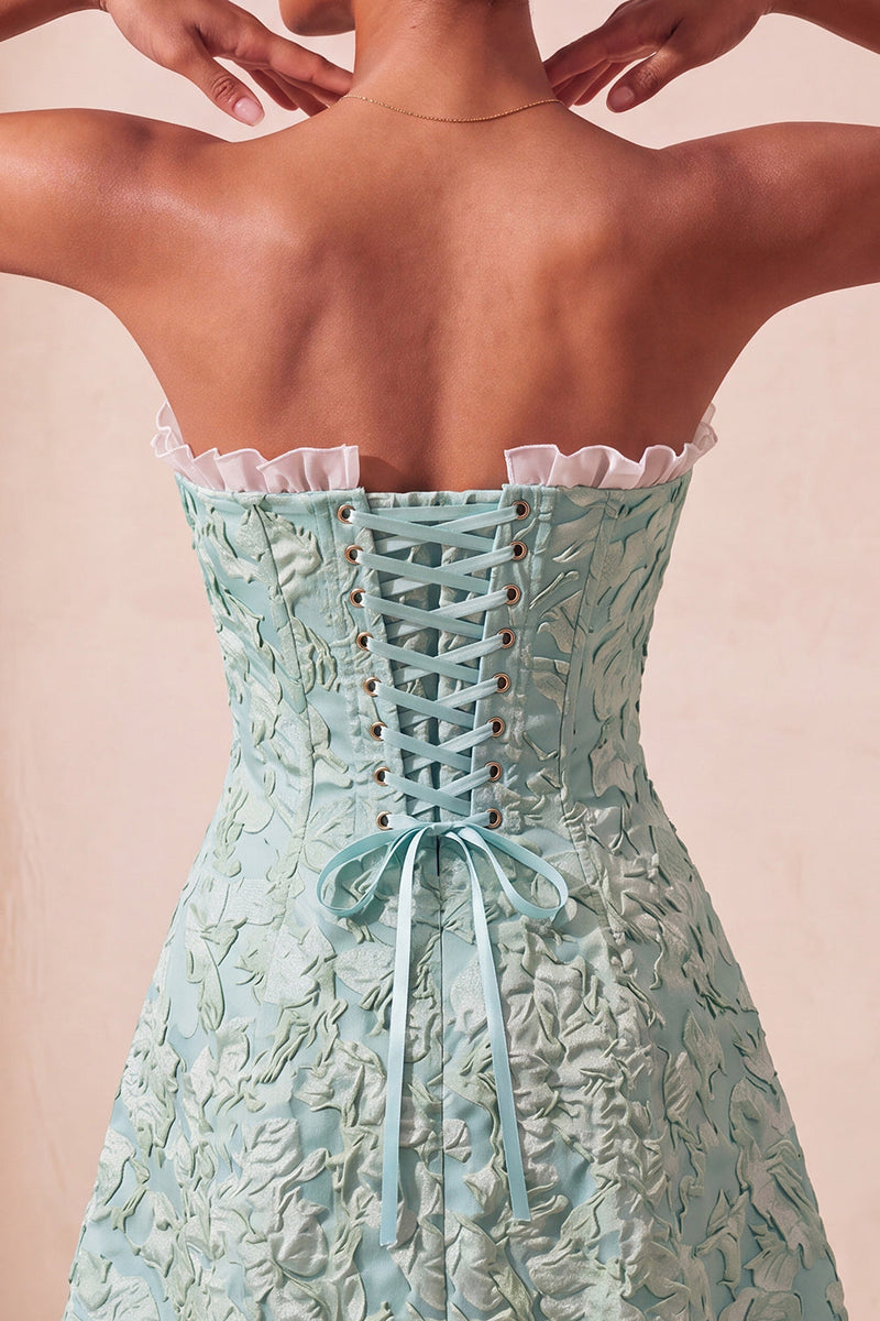 Laden Sie das Bild in den Galerie-Viewer, Sweetheart Yellow Jacquard A-Line Rüschen-Back-Homecoming-Kleid mit Schlitz