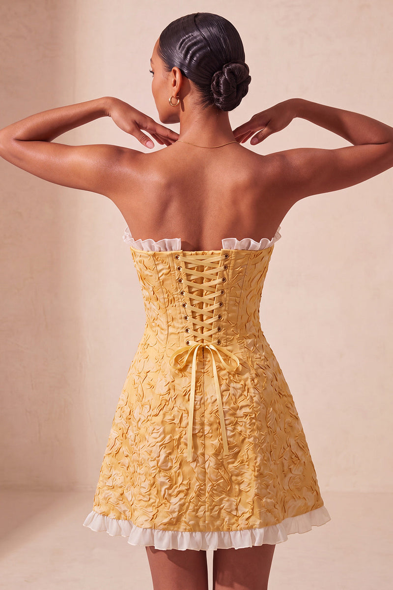 Laden Sie das Bild in den Galerie-Viewer, Sweetheart Yellow Jacquard A-Line Rüschen-Back-Homecoming-Kleid mit Schlitz