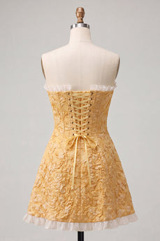 Sweetheart Gelbes Jacquard A-Linie Rüschen Kurzes Abendkleid mit Schlitz