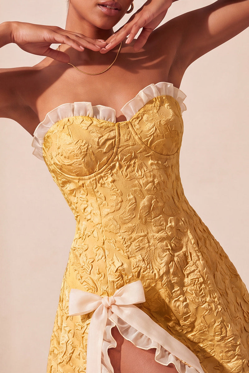Laden Sie das Bild in den Galerie-Viewer, Sweetheart Yellow Jacquard A-Line Rüschen-Back-Homecoming-Kleid mit Schlitz