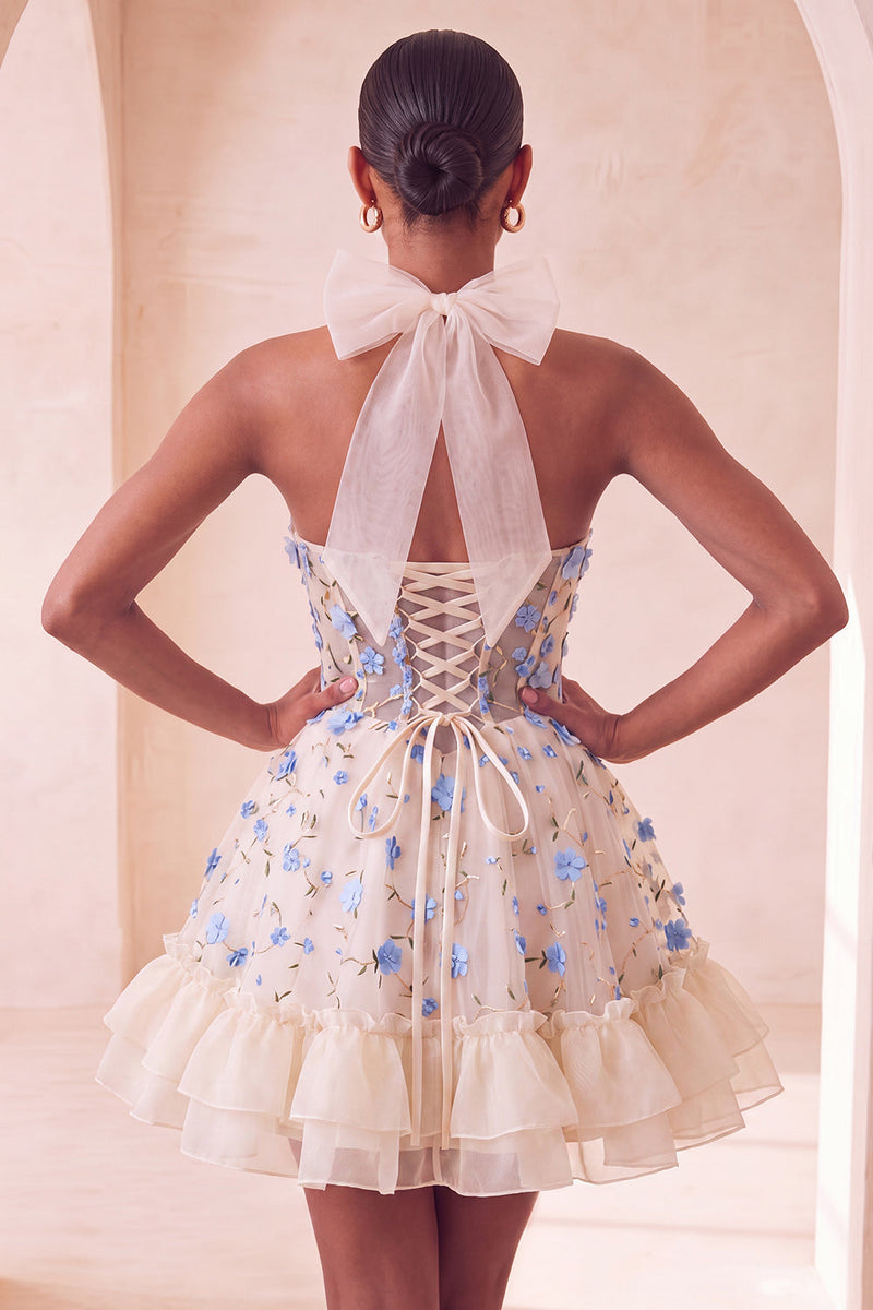 Laden Sie das Bild in den Galerie-Viewer, Hellgelbes A-Linien rüschendes Spitzenkorsett und transparentes Korsett, florales Homecoming-Kleid