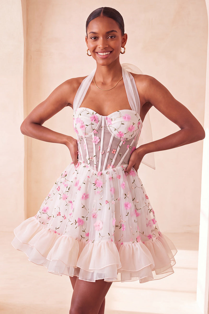 Laden Sie das Bild in den Galerie-Viewer, Hellgelbes A-Linien rüschendes Spitzenkorsett und transparentes Korsett, florales Homecoming-Kleid