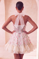 Laden Sie das Bild in den Galerie-Viewer, Hellgelbes A-Linien rüschendes Spitzenkorsett und transparentes Korsett, florales Homecoming-Kleid