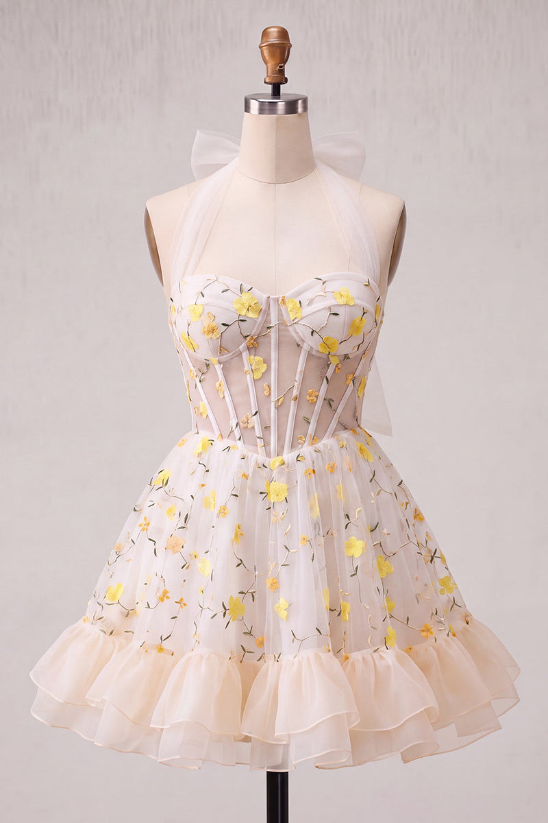 Laden Sie das Bild in den Galerie-Viewer, Hellgelbes A-Linien rüschendes Spitzenkorsett und transparentes Korsett, florales Homecoming-Kleid