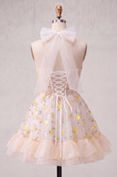 Laden Sie das Bild in den Galerie-Viewer, Hellgelbes A-Linien rüschendes Spitzenkorsett und transparentes Korsett, florales Homecoming-Kleid