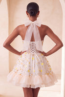Laden Sie das Bild in den Galerie-Viewer, Hellgelbes A-Linien rüschendes Spitzenkorsett und transparentes Korsett, florales Homecoming-Kleid