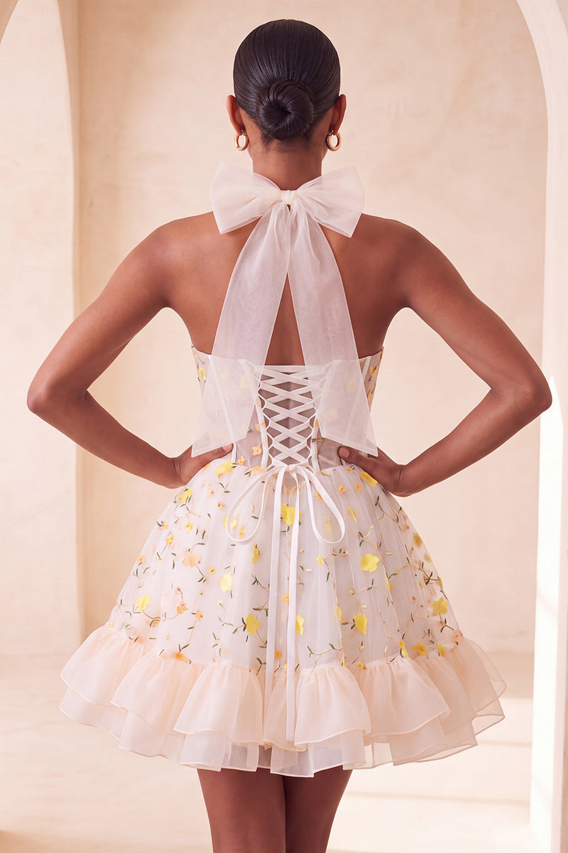 Laden Sie das Bild in den Galerie-Viewer, Hellgelbes A-Linien rüschendes Spitzenkorsett und transparentes Korsett, florales Homecoming-Kleid