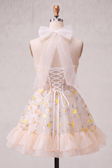 Hellgelbes A-Linien Rüschendes Spitzen Korsett Transparentes Korsett Florales Kurzes Abendkleid