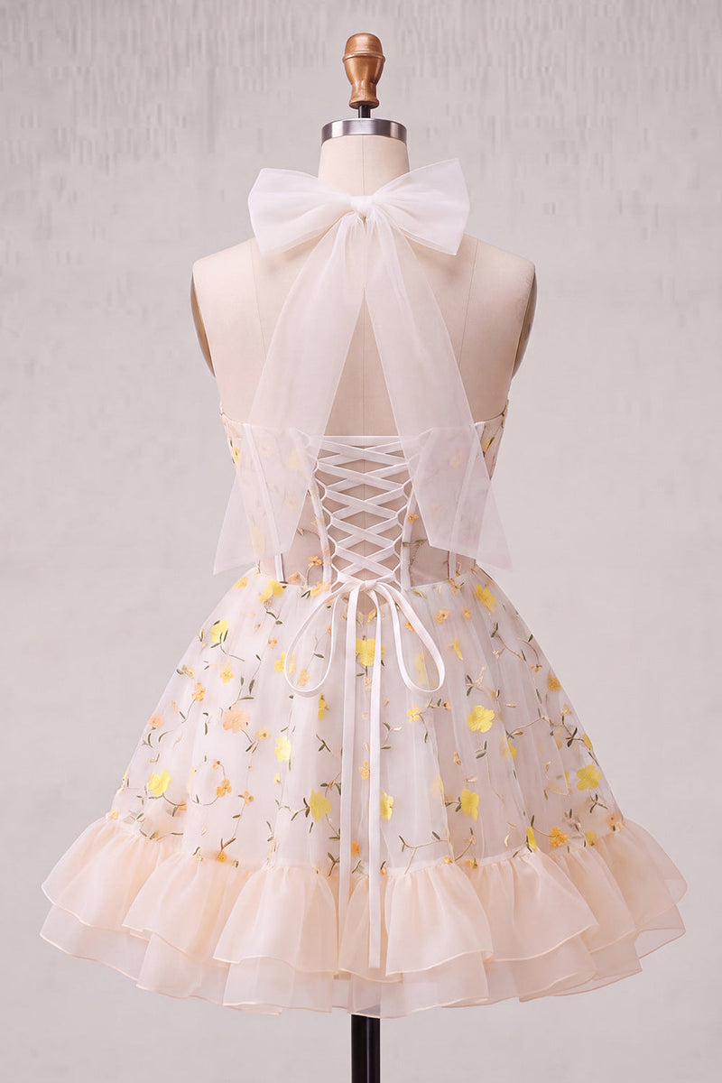 Laden Sie das Bild in den Galerie-Viewer, Hellgelbes A-Linien rüschendes Spitzenkorsett und transparentes Korsett, florales Homecoming-Kleid