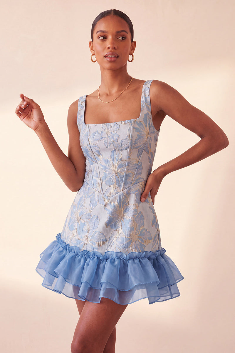 Laden Sie das Bild in den Galerie-Viewer, Blaues Korsett, quadratischer Ausschnitt, Schnürung hinten Jacquard Bodycon Homecoming-Kleid mit Rüschen