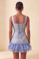 Laden Sie das Bild in den Galerie-Viewer, Blaues Korsett, quadratischer Ausschnitt, Schnürung hinten Jacquard Bodycon Homecoming-Kleid mit Rüschen