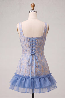 Blaues Korsett Quadratischer Ausschnitt Schnürung hinten Jacquard Bodycon Kurzes Abendkleid mit Rüschen