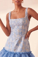 Laden Sie das Bild in den Galerie-Viewer, Blaues Korsett, quadratischer Ausschnitt, Schnürung hinten Jacquard Bodycon Homecoming-Kleid mit Rüschen