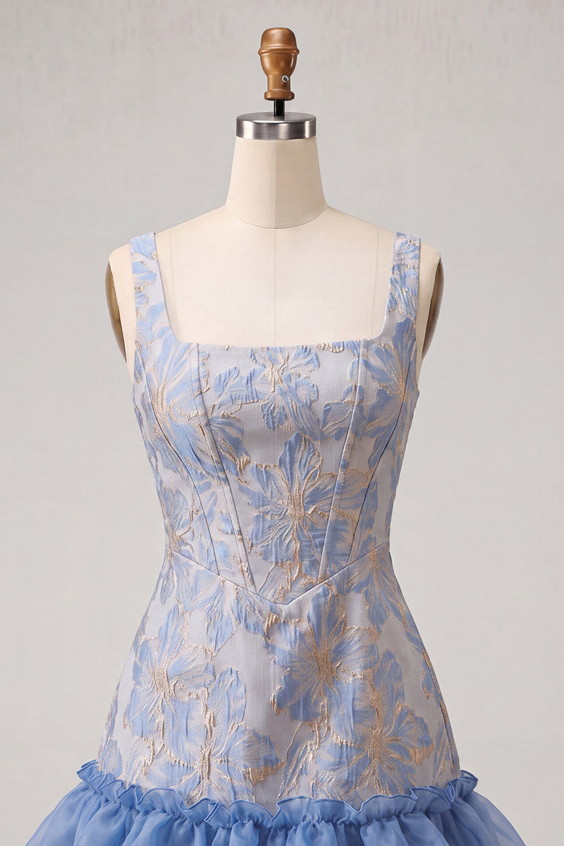 Laden Sie das Bild in den Galerie-Viewer, Blaues Korsett, quadratischer Ausschnitt, Schnürung hinten Jacquard Bodycon Homecoming-Kleid mit Rüschen
