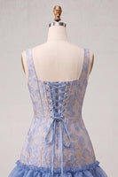 Laden Sie das Bild in den Galerie-Viewer, Blaues Korsett, quadratischer Ausschnitt, Schnürung hinten Jacquard Bodycon Homecoming-Kleid mit Rüschen