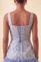Laden Sie das Bild in den Galerie-Viewer, Blaues Korsett, quadratischer Ausschnitt, Schnürung hinten Jacquard Bodycon Homecoming-Kleid mit Rüschen