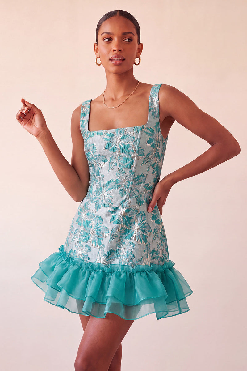 Laden Sie das Bild in den Galerie-Viewer, Blaues Korsett, quadratischer Ausschnitt, Schnürung hinten Jacquard Bodycon Homecoming-Kleid mit Rüschen