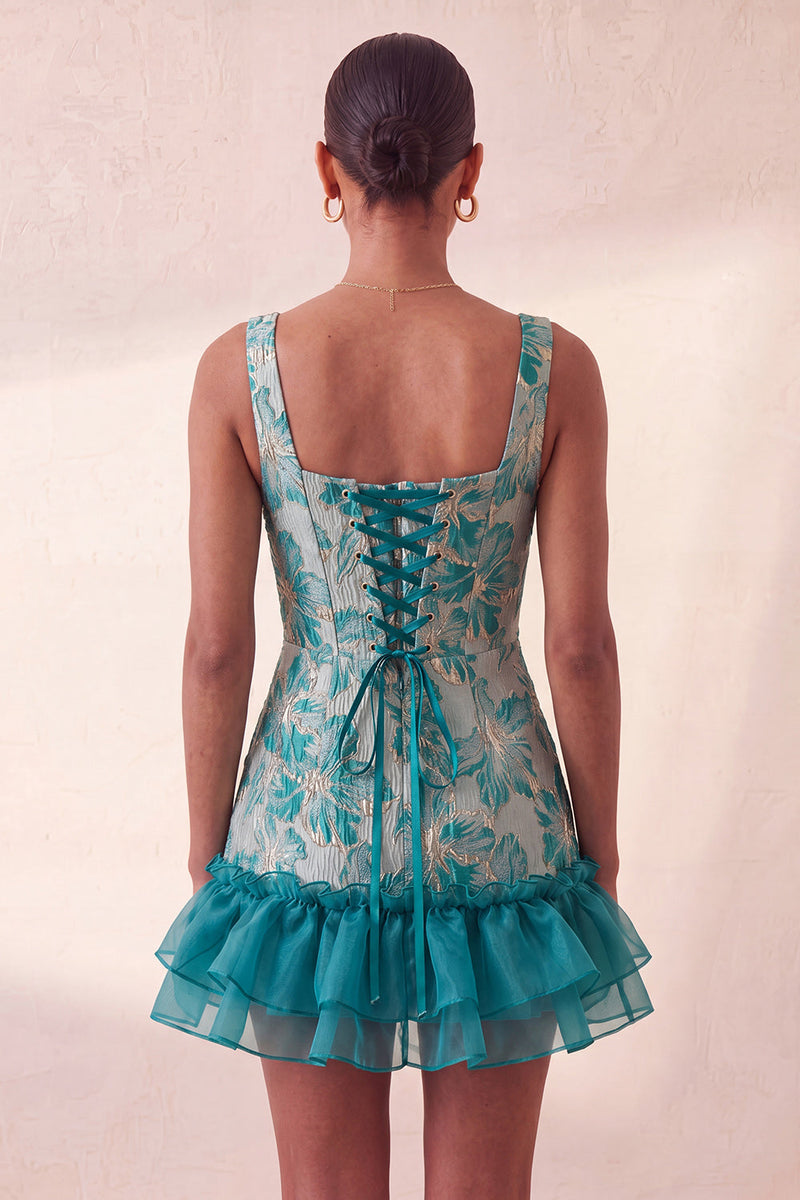 Laden Sie das Bild in den Galerie-Viewer, Blaues Korsett, quadratischer Ausschnitt, Schnürung hinten Jacquard Bodycon Homecoming-Kleid mit Rüschen