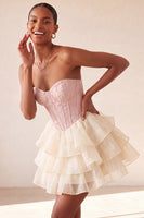 Laden Sie das Bild in den Galerie-Viewer, Rosa Sweetheart A-Linie Korsett, Jacquard, Spitze, hinten, gestuftes Homecoming-Kleid