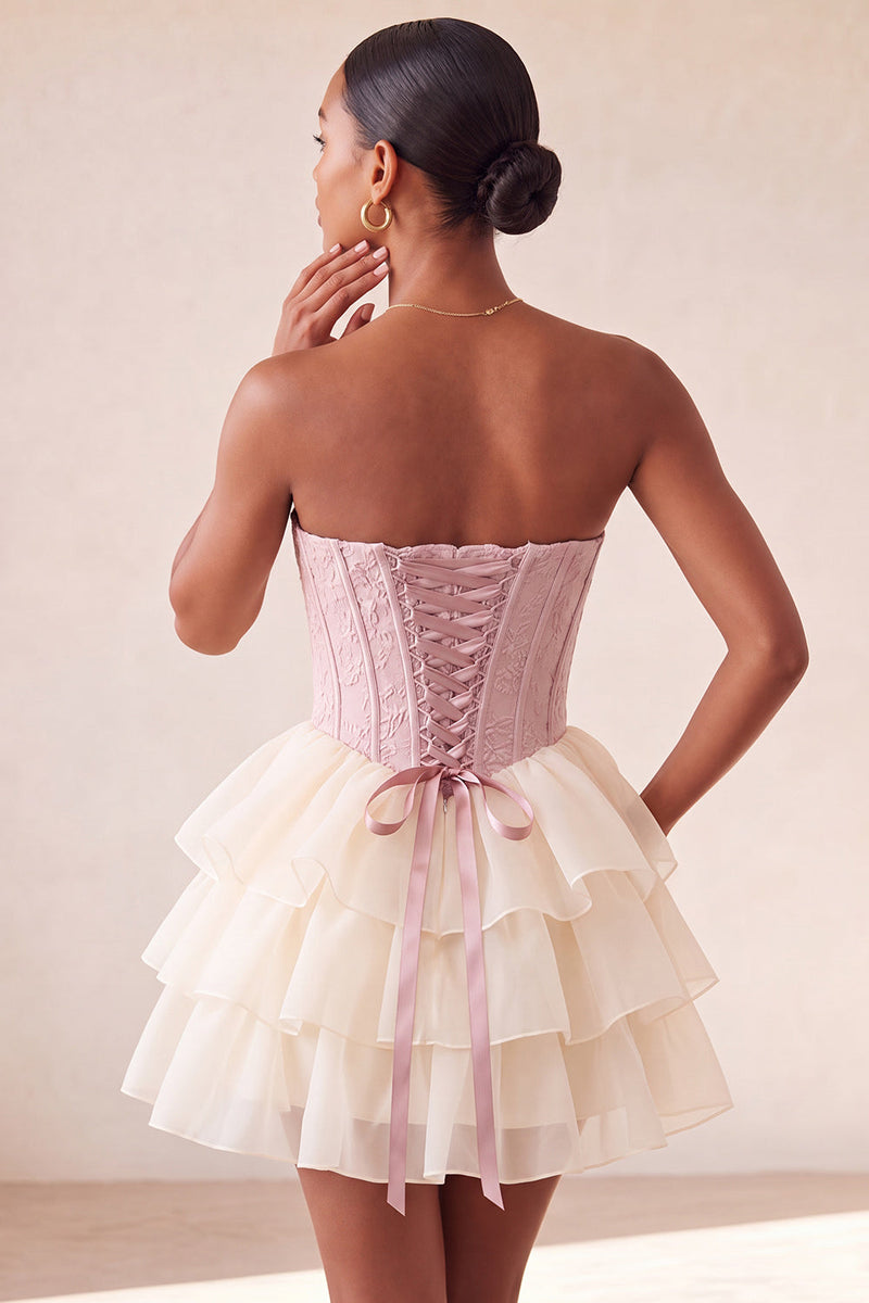 Laden Sie das Bild in den Galerie-Viewer, Rosa Sweetheart A-Linie Korsett, Jacquard, Spitze, hinten, gestuftes Homecoming-Kleid