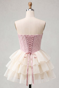 Rosa Sweetheart A-Linie Korsett Jacquard Schnürung hinten Gestuftes Kurzes Abendkleid