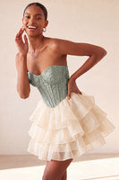 Laden Sie das Bild in den Galerie-Viewer, Rosa Sweetheart A-Linie Korsett, Jacquard, Spitze, hinten, gestuftes Homecoming-Kleid