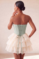 Laden Sie das Bild in den Galerie-Viewer, Rosa Sweetheart A-Linie Korsett, Jacquard, Spitze, hinten, gestuftes Homecoming-Kleid