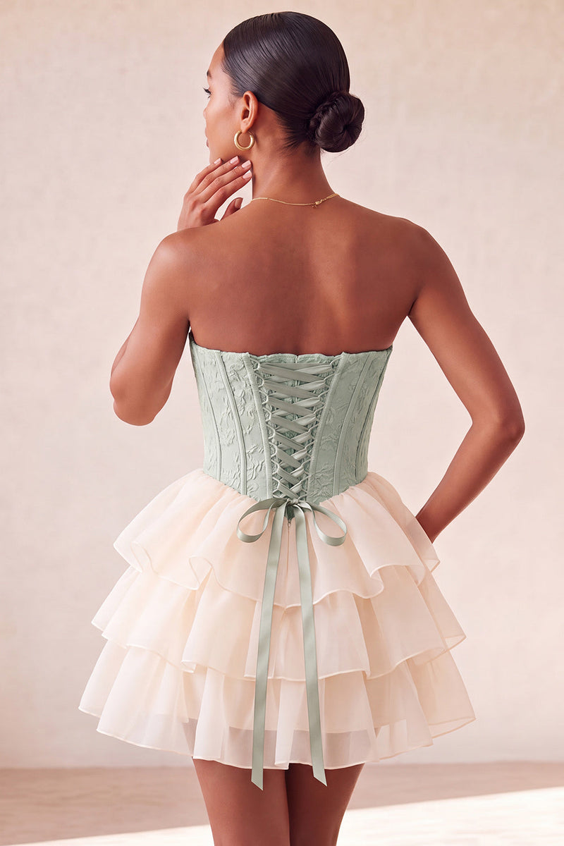 Laden Sie das Bild in den Galerie-Viewer, Rosa Sweetheart A-Linie Korsett, Jacquard, Spitze, hinten, gestuftes Homecoming-Kleid