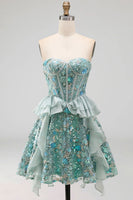 Laden Sie das Bild in den Galerie-Viewer, Salbeigrünes Sweetheart Korsett A-Linie Kurzes Abendkleid mit Pailletten